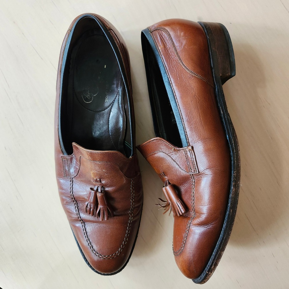 Vintage Florsheim Imperial Tassel Loafers Mens 10 USA Leather Cognac Brown